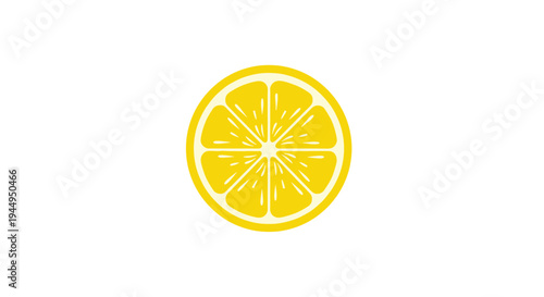 A solitary, bright yellow, circular lemon slice with clearly defined segments and a distinct peel is prominently displayed on a pure white canvas.