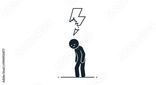 A simple black stick figure with a dejected posture stands beneath a fractured lightning bolt on a pristine white background.