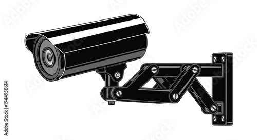A black bullet-style security camera with an articulated mounting arm is securely fastened to a wall on a white background.