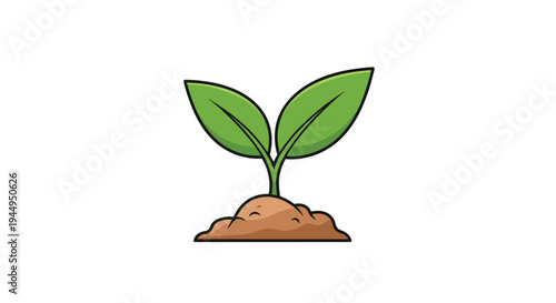 A fresh green seedling with two leaves sprouts from a brown soil mound, depicted as a simple illustration on a white background.