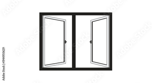 An open, double-paned window with thick black frames and white sashes is depicted in a bold, flat illustration on a white background.