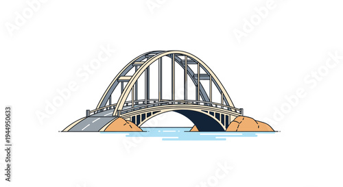 A modern arched bridge with a grey road and light beige supports crosses over a tranquil blue water channel on a white background.