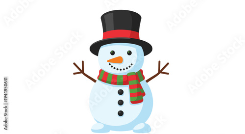 A friendly cartoon snowman with a black top hat and a vibrant red and green striped scarf stands cheerfully on a clean white background.