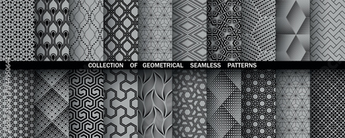 Geometric set of seamless black and gray patterns. Simple vector graphics