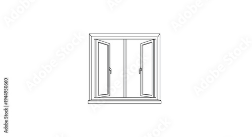 An open, double-paned window with thin frames and visible hinges is depicted in a simple black outline illustration on a white background.