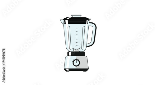 A clear glass blender pitcher with measurement markings sits atop a silver base with a black dial and power button on a white background.