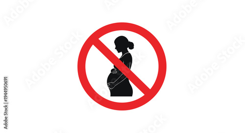 A dark silhouette of a pregnant woman with both hands on her belly is enclosed within a red prohibition sign on a white background.