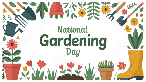 National gardening day illustration with gardening tools flowers and plants