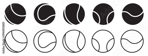 Tennis ball icon set. Sport equipment vector set. Tennis ball collection with static and motion versions for match, training, and game design.