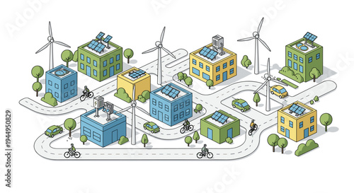 An isometric illustration showcases a modern green city with buildings, wind turbines, solar panels, cars, and people cycling on winding roads.