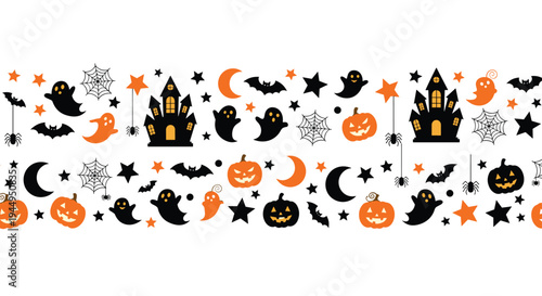 A repeating horizontal border pattern displays numerous black and orange Halloween silhouettes including ghosts, pumpkins, bats, and haunted houses on a white background.