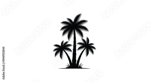 Three distinct black palm tree silhouettes of varying heights are depicted with grass at their base against a clean white background.