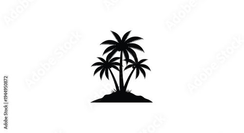 Three black palm tree silhouettes stand on a small dark island mound against a plain white background in a horizontal graphic.