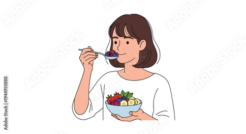A calm young woman with short brown hair, wearing a white t-shirt, gracefully eats a bowl of colorful fruit salad with a spoon.