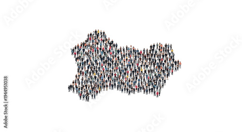 A large group of diverse individuals collectively forms the distinct shape of a geographical region or country on a pristine white background.