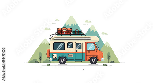 An orange and teal recreational vehicle with roof luggage is parked on a dashed ground line with green mountains and trees in the background.