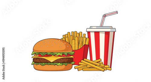 A cheeseburger, a red carton of french fries, scattered fries, and a striped soda cup are arranged on a plain white surface.