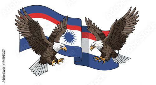 Two powerful bald eagles with spread wings and sharp talons confront each other before two distinct waving flags.