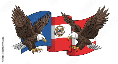 Two bald eagles with outstretched wings and talons face each other in front of two distinct waving flags.