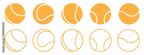 A vector icon set of tennis balls, showcasing both filled and outline styles for sports design .Tennis ball icon set, vector illustration, sports equipment, black and white Vector