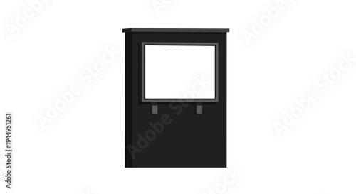 A tall, slender black display stand with a central blank white screen and two small base protrusions is presented front-on on a shadowless white background.