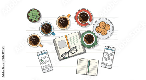 An overhead shot captures a light wooden table laden with five coffee cups, two smartphones, an open book, glasses, a succulent, a notebook, and cookies.