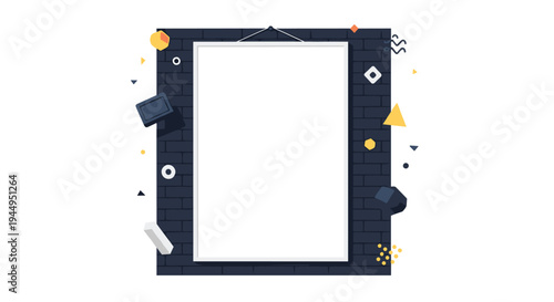 A prominent white vertical poster frame is centered on a dark blue brick-patterned background adorned with abstract geometric shapes on a pristine white canvas.