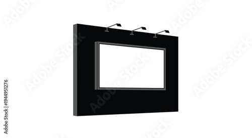 A large, rectangular black display stand with a blank white screen and three top-mounted lights is angled slightly on a pure white background.