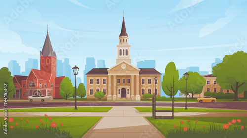 Beautiful university campus with historic buildings and lush greenery on a sunny day