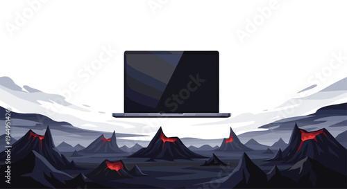 A large pixelated laptop floats above a landscape of active volcanoes with glowing red lava under a cloudy, dark sky.