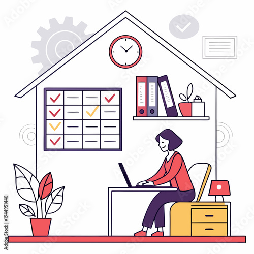 Remote worker, home office, woman on laptop, productivity chart, colorful vector illustration