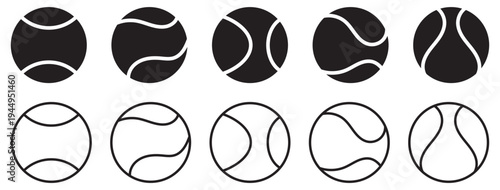 A vector icon set of tennis balls, showcasing both filled and outline styles for sports design .Tennis ball icon set, vector illustration, sports equipment, black and white Vector