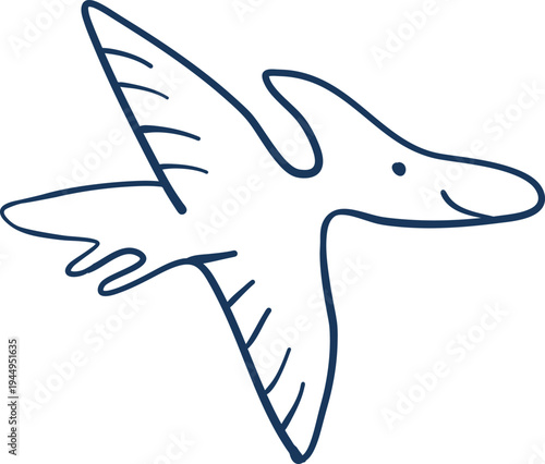 Minimalist pterosaur line art illustration, flying dinosaur outline vector isolated