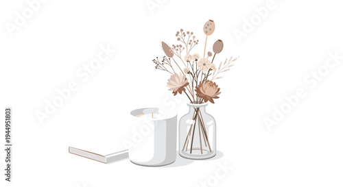 A tranquil still life arrangement features an unlit white candle, a clear glass vase with dried flowers, and a small closed book on a white surface.