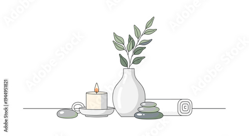 A serene minimalist spa arrangement showcases a lit white candle, a white vase with green leaves, grey stones, and a rolled towel on a white surface.