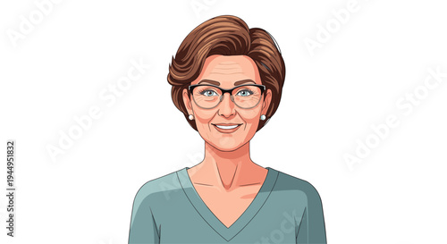 A smiling older woman with short brown curly hair, wearing glasses and pearl earrings, is depicted in a teal top, looking directly forward against a clean white background.