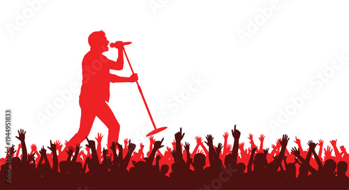 A vibrant red silhouette of a male singer holding a microphone stands prominently on a stage above a large, enthusiastic crowd with raised hands, all against a stark white background.