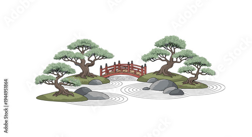 A tranquil Japanese rock garden features four meticulously pruned bonsai trees, a small red arched bridge, and several grey rocks amidst raked sand patterns on a white background.