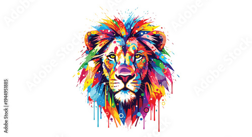 A vibrant, abstract watercolor-style lion's head with a flowing, multicolored mane is centrally depicted against a clean white background.