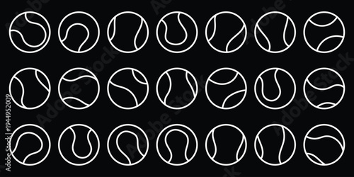 Tennis ball icon in linear and clipart style pack on white background. A vector icon set of tennis and padel balls, showcasing both filled and outline styles for sports design. Set with tennis balls. 