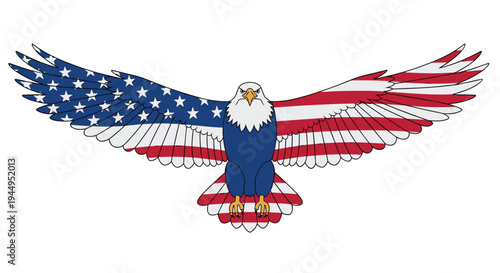 A majestic bald eagle, featuring wings adorned with the American flag's stars and stripes, is depicted with its body in blue and head in white, facing directly forward.