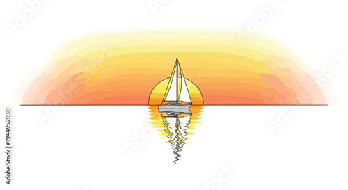 A sleek sailboat with a single mast and sail glides across calm water, directly in front of a vibrant, stylized sunset.