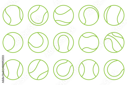 A vector icon set of tennis balls, showcasing both filled and outline styles for sports design .Tennis ball icon set, vector illustration, sports equipment, black and white Vector