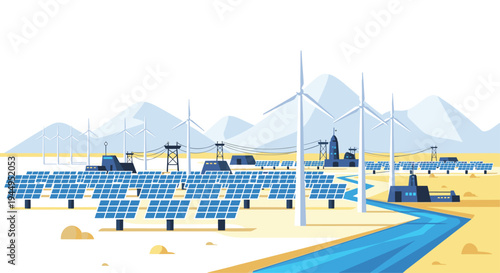 A sprawling landscape depicts a renewable energy complex with numerous blue solar panels and multiple tall white wind turbines.