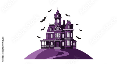 A grand, purple haunted house with multiple turrets and intricate windows stands atop a sloping hill, surrounded by black bats.