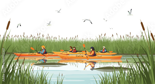 Four individuals in bright orange kayaks are paddling on a calm river with reflections, framed by dense green reeds, while seagulls fly overhead.