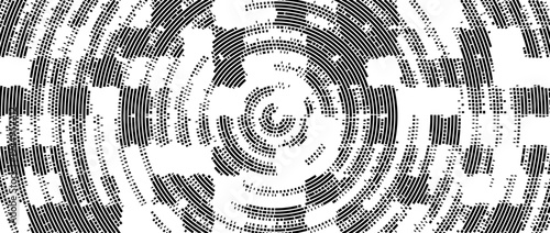 Abstract radial pixelated halftone pattern. Circular pixel explosion background. Rotating scattered dotted texture overlay bg. Fading square fragment wallpaper. Vector radial spinning backdrop