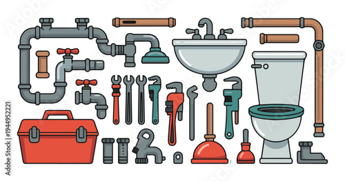 Set of plumbing icons flat design with color and outlines for graphic design purposes