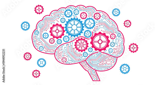 A human brain outline composed of blue and pink circuit board patterns features integrated gears, with additional gears floating around it.