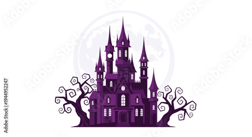 A detailed purple castle with multiple spires and glowing windows is centered against a large pale moon, flanked by two gnarled trees.